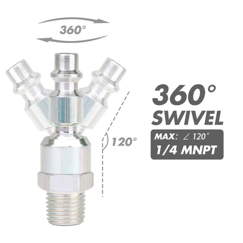 18 Piece Air Fittings Kit With Universal Quick Coupler And Ball Valve showcasing 360-degree swivel connector, 1/4 in MNPT.