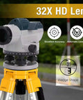 Pro Grade 32x Automatic Transit Level AL32 Self Leveling Optical Level on tripod with dual knobs and magnetic dampened compensator.