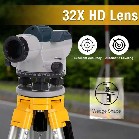Pro Grade 32x Automatic Transit Level AL32 Self Leveling Optical Level on tripod with dual knobs and magnetic dampened compensator.