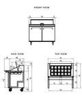 Heavy Duty Kitchen Bad Boy Commercial Sandwich Prep Refrigerator With Bain Marie Well And Eighteen Pan Capacity technical drawing front, side, and top views.