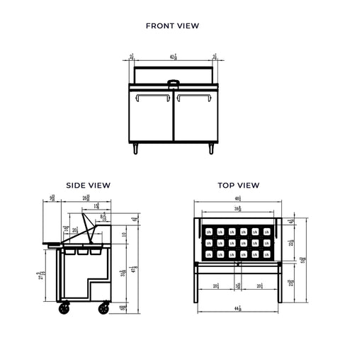 Heavy Duty Kitchen Bad Boy Commercial Sandwich Prep Refrigerator With Bain Marie Well And Eighteen Pan Capacity technical drawing front, side, and top views.