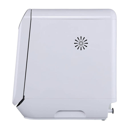 Side view of a Portable Countertop Dishwasher Plug And Play With Six Liter Water Tank For Apartments Rv And Dorms compact washing machine.