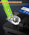Close-up of Rock Solid Heavy Duty Car Battery Carrier Strap Green Universal Hold Down Belt securing a battery terminal.