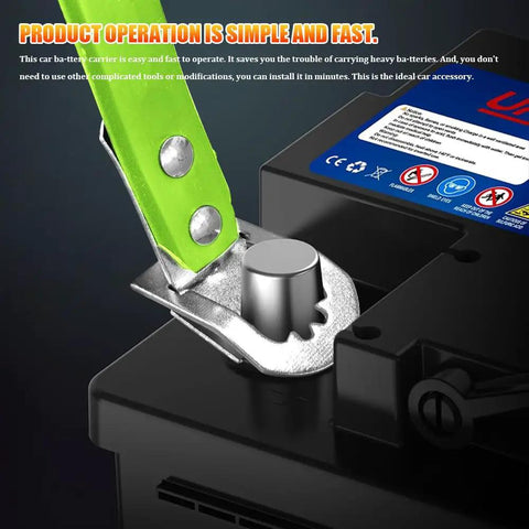 Close-up of Rock Solid Heavy Duty Car Battery Carrier Strap Green Universal Hold Down Belt securing a battery terminal.