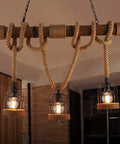 Three Light Industrial Birdcage Island Pendant Lamp With Rope Cage Frame And Wood Accents Retro Lantern Style Ceiling Chandelier For Dining Room Cafe Bar Restaurant Height Adjustable Dope Vibe
