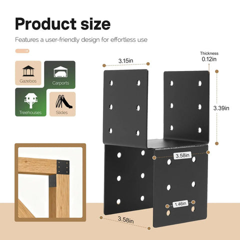 Diagram of Four Pack 4x4 Post Pergola Brackets For Wood Deck Mounting Built To Last Gazebos Carports Treehouses Steel Powder Coated Black Finish Weatherproof Heavy Duty Outdoor Mounting with dimensions.