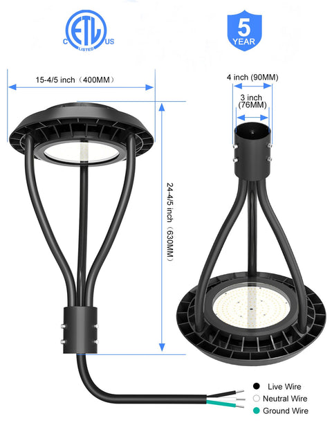 Dimensions of Beefy 100W LED Post Top Light with 14000 Lumens, Dusk To Dawn Outdoor Pole Fixture, IP65 Waterproof