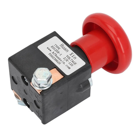Heavy Duty Metal Emergency Stop Switch With Latching Design For Electric Forklifts And Pallet Cars Fast Cutoff Push Button 125A DC80V close-up view with red actuator