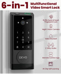Front view of 6 In 1 Keyless Entry Smart Lock With Camera And Doorbell, showing keypad and fingerprint sensor, installed on a door