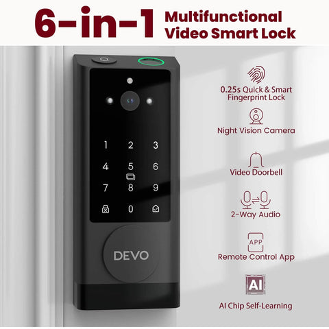 Front view of 6 In 1 Keyless Entry Smart Lock With Camera And Doorbell, showing keypad and fingerprint sensor, installed on a door
