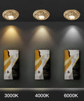 Three UWYTGF 6 Pack Led Can Lights Retrofit Recessed Lighting, 3000K, 4000K, and 6000K in gold trim, illuminating wall art.