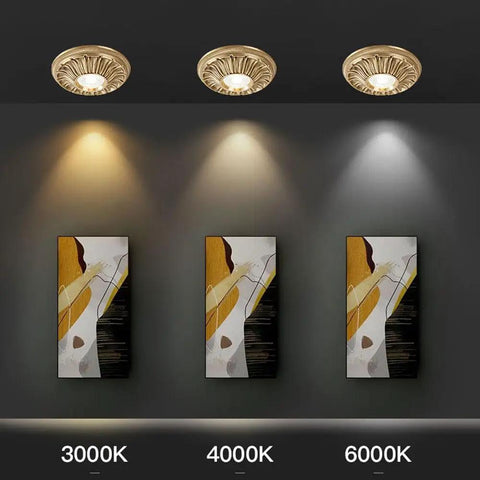 Three UWYTGF 6 Pack Led Can Lights Retrofit Recessed Lighting, 3000K, 4000K, and 6000K in gold trim, illuminating wall art.