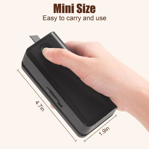 Hand holding Pocket Size Bag Sealer With USB 1300mAh Rechargeable Battery LED Power Display 9 Adjustable Sealing Gears Cutter And Capper.