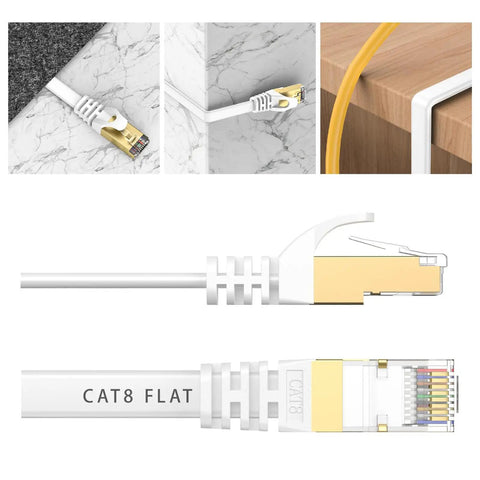 High Speed Cat 8 Ethernet Patch Cable 15 Ft For Gaming And Streaming, 40Gbps And 2000MHz Bandwidth, Slim Flat design in use.