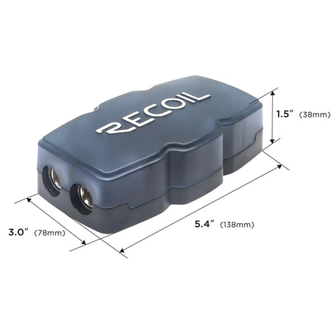 2 Way ANL Fused Distribution Block For Car Audio And Marine Use, Brass Construction, Marine Grade Satin Chrome Finish, High Temp Polycarbonate Base And Cover, 0 2 4 Gauge In And Out, Heavy Duty Power Wire Branching For Maximum Power Transfer. RECOIL fused block with 5.4 x 3.0 x 1.5 in dimensions