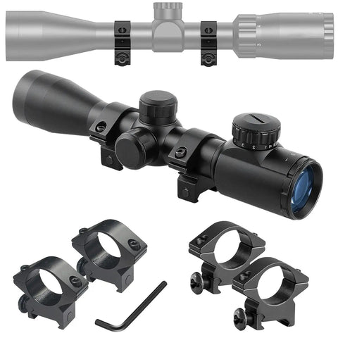 Hella Durable One Inch Scope Rings Single Screw Picatinny Rail Mount set with black optic scope and mounting hardware.