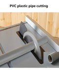Hustle Ready 8 Inch Mini Table Saw Benchtop Miter Cutter cutting PVC pipe with a sharp blade, ideal for compact workshops.