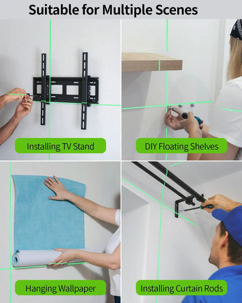 Self Leveling Laser Level With Tripod For Easy DIY Picture Hanging And Tile Installations used for various projects like installing a TV stand and shelves.