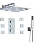 Fresh LED Shower System With Thermostatic Valve, Wall Mounted Chrome Rain Shower Combo, showcasing large rainfall head and controls.