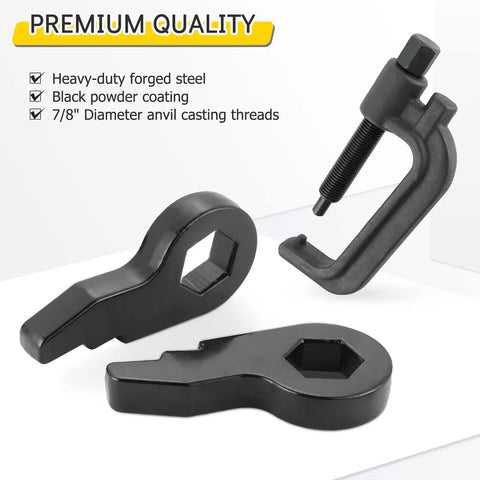 Beefy Direct Mount One To Three Inch Torsion Bar Keys Lift Kit Arrives Loaded With Drop Dead Easy Unloading Tool and Extended Shock Isolators For Clean Front Stance On Pickup Cabs And Suv Bodies, showcasing three black powder-coated tools.