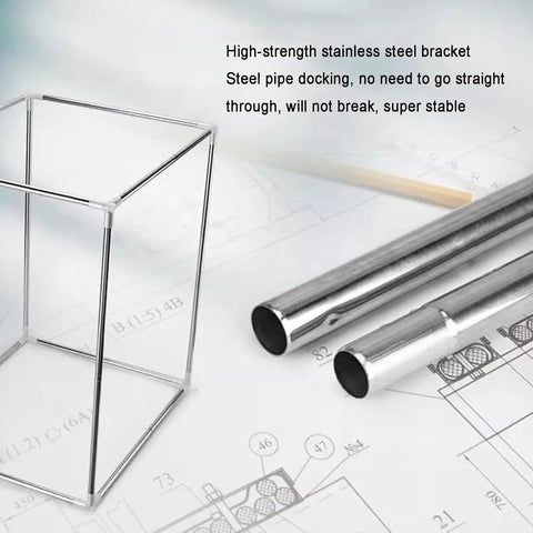 Metal frame for resin 3D printer enclosure with high-strength stainless steel bracket and steel pipes on design blueprint.