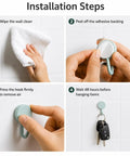 Installation steps for Sixteen Pack Dead Easy Colorful Adhesive Wall Hooks Self Stick Strong Tape, showing cleaning, peeling, pressing, and hanging items.
