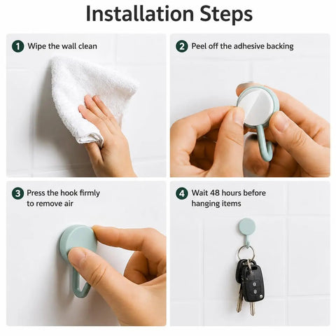 Installation steps for Sixteen Pack Dead Easy Colorful Adhesive Wall Hooks Self Stick Strong Tape, showing cleaning, peeling, pressing, and hanging items.