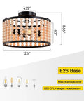 Boho Wood Beaded Chandelier With Three Lights In Black Semi Flush Mount Ceiling Light For Dining Room Kitchen Hallway Bedroom And Living Room Adds Warm Ambience And Rustic Charm For A Cozy Boho Vibe, showing dimensions and E26 base