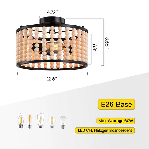 Dimensions and bulb base of Boho Three Light Wood Beaded Chandelier Semi Flush Mount Ceiling Light In White For Dining Room Kitchen Hallway Bedroom And Living Room