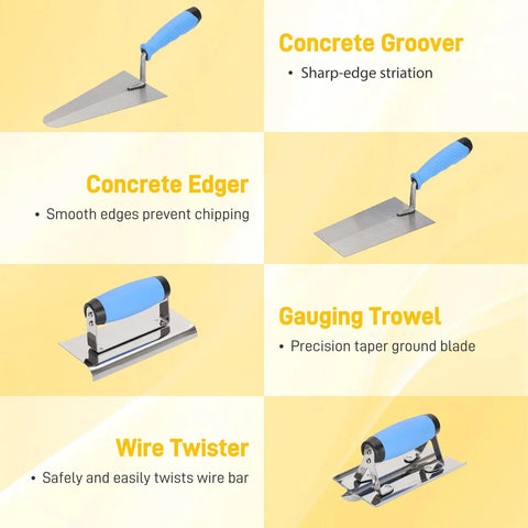10 Piece Concrete Trowel Tool Set For Masonry Pro Grade Hand Tool Kit showcasing groover, edger, gauging trowel, and wire twister