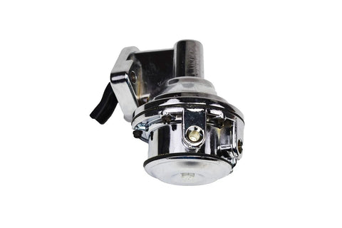Beefed-Up Inline Mechanical Fuel Pump For Chevy And GMC Small Block 262-400, Chrome Finish, 6 PSI, 80 GPH, front view