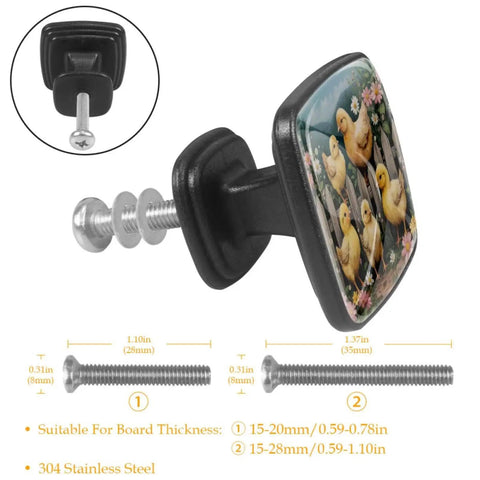 Four Pack Square Cabinet Knobs Set With Flower Chickens Fence Design Black Glass and ABS for cabinets with screws shown