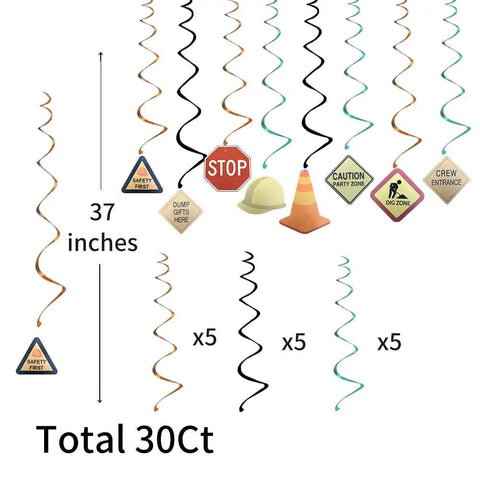 30 Count Construction Signs Hanging Swirl Decorations Party Decor For Builders Birthday That Slaps Stop Crew Entrance Safety First Helmet Roadblock Theme Gift Idea For Kids Who Love Construction Signs. Image shows colorful swirls and construction sign shapes.