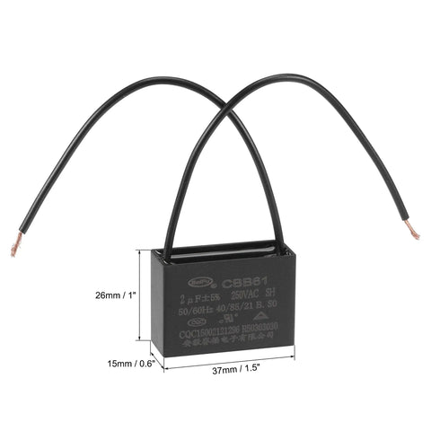 2uF CBB61 Ceiling Fan Capacitor 250V AC Metallized Polypropylene Film, 2 wires, 37x26x15mm, product dimensions shown