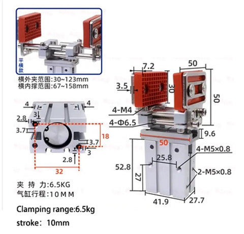 Heavy Duty Adjustable Finger Cylinder Telescopic Frame Mechanical Arm Fixture With Widened Chuck Parallel Gripper For 16D And 20D Pneumatic Accessories Built For Precise Robotic Clamping with detailed dimensions shown