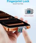 Fingerprint Nano SSD 512GB External Solid State Drive Up To Four Hundred Fifty Megabytes Per Second Pocket Sized Keychain Portable Backup For iPhone iPad MacBook Steam Deck PS5 And More attached to a smartphone with a secure fingerprint lock feature.