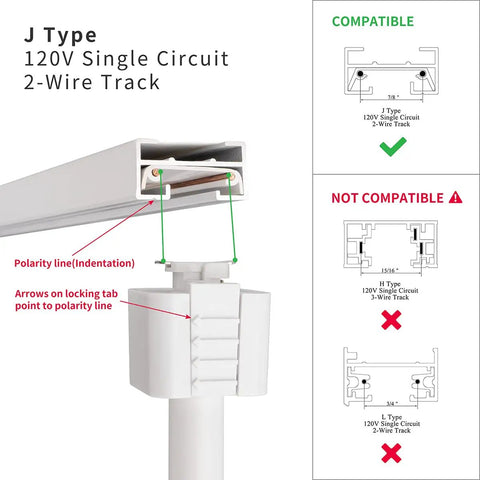 J Type Track Lighting Head To GU10 Base Adapter Lights Pack Of 12 showing compatibility with 120V Single Circuit 2-Wire Track
