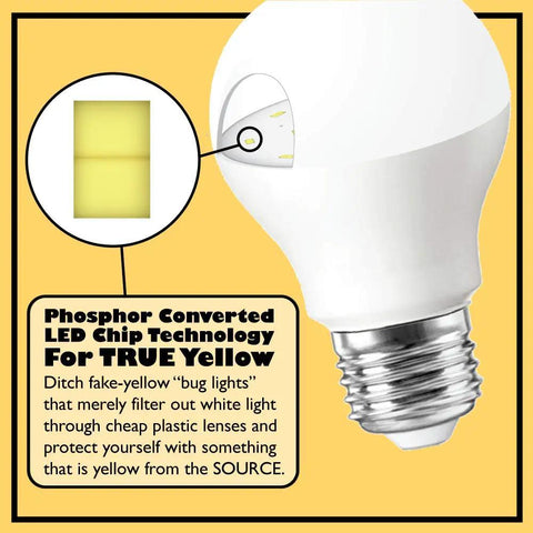 LED Bug Light A19 Replaces 100W Incandescent, Amber Yellow Spectrum For Porch Patio Deck, E26 Medium Outdoor Bulb, close-up view