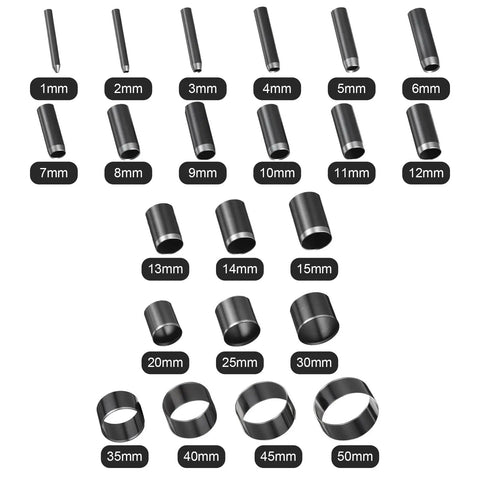 21 Piece Leather Circle Cutter Set With Circle Punches From 1mm To 15mm And 20mm 25mm 30mm 35mm 40mm 45mm 50mm Dies, shown in sizes