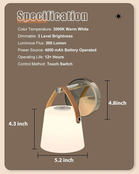 Battery Operated Wall Sconce With Glass Shade, 3000K Warm White, 3 Brightness Levels, 4000 mAh Rechargeable Battery, No Wiring Needed