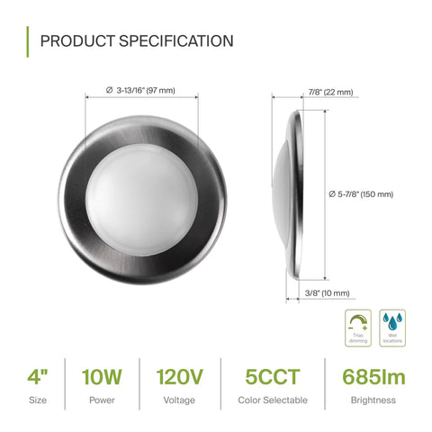 Front and side view of 12 Pack 4 Inch LED Disk Lights, 10W, 5CCT 2700K-5000K, 685 Lumens, CRI90, Dimmable Flush Mount Ceiling Light Fixture