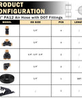 Diagram showing Beast Mode Heavy Duty 50 Foot One Quarter Inch Air Hose With Push To Connect Fittings Kit, models, and sizes.