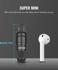 Imini 2 EDC Rechargeable Keychain Flashlight With 50 Lumens Output shown next to earbud for size comparison.