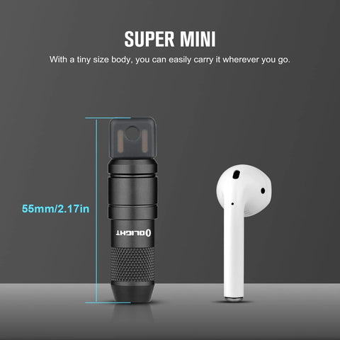 Imini 2 EDC Rechargeable Keychain Flashlight With 50 Lumens Output shown next to earbud for size comparison.