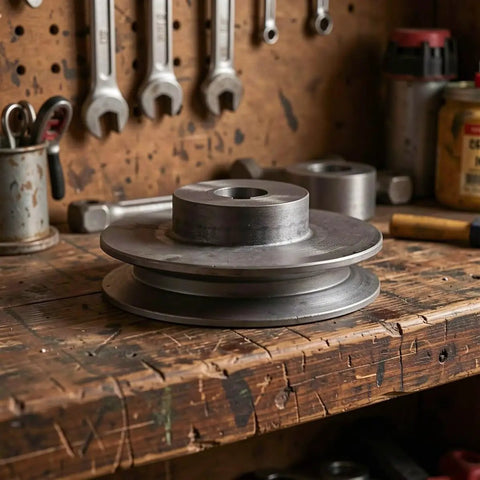 Solid Cast Metal Single Groove V Belt Pulley With 19mm Bore for air compressor on wooden workbench with tools.