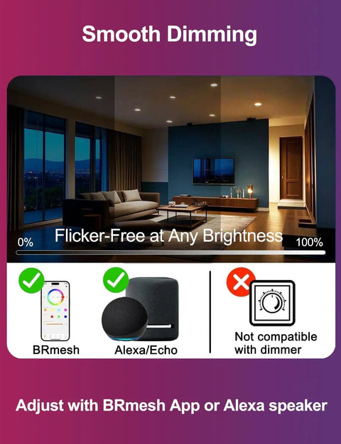 Living room with 4 Inch RGB LED Recessed Lights Canless With Alexa Voice Control And BRmesh App, smooth dimming, Bluetooth Mesh.