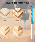 Upcut Spiral Router Bit Set With One Quarter Inch Shank And One Eighth Inch Cutting Diameter Extra Long Three Inch Overall Length Solid Carbide CNC End Mills With Nano Blue Coating For Wood Cutting And Carving Five Pack. Image shows router bit with blue coating and wood material types.