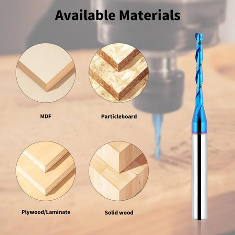Upcut Spiral Router Bit Set With One Quarter Inch Shank And One Eighth Inch Cutting Diameter Extra Long Three Inch Overall Length Solid Carbide CNC End Mills With Nano Blue Coating For Wood Cutting And Carving Five Pack, shown with compatible materials.