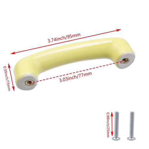 Four Piece Set Of Glossy Yellow Ceramic Cabinet Pulls Featuring A Slick High Gloss Finish And Heavy Duty Craftsmanship Ideal For Kitchen Cabinets And Zero Sweat Home Renos - close-up of a smooth yellow ceramic pull, 95 mm long.