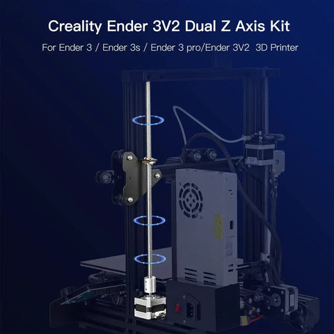 Dual Z Axis Upgrade Kit for Ender 3 Pro V2 with lead screw stepper motor and metal power supply holder installed on 3D printer.